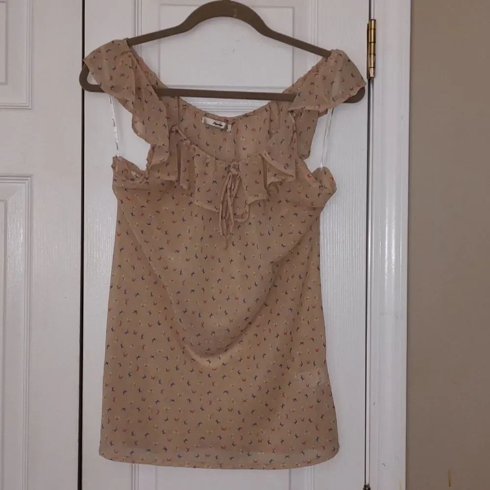 Papaya  tan bow print sheer blouse  Sz L EUC